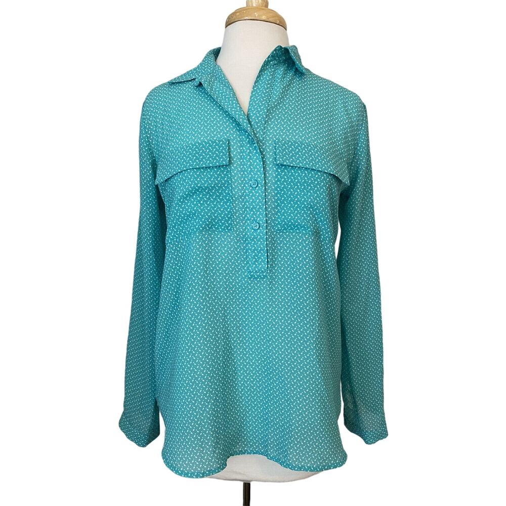 VANHEUSEN STUDIO Easy Fit Turquoise Green Dot Popover Blouse Size Small L/S